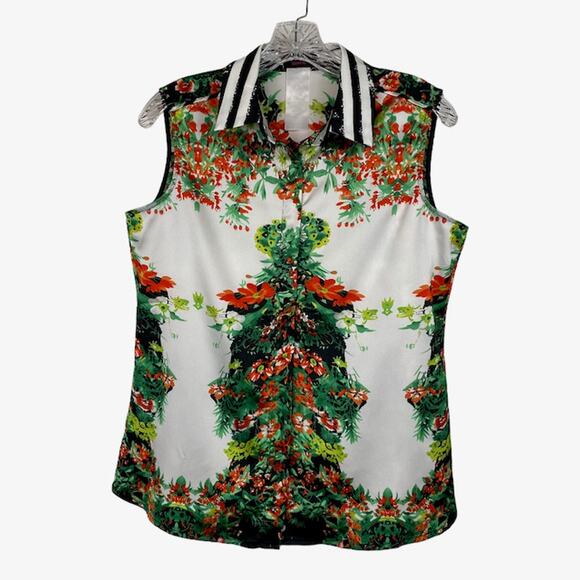 MARK M Button Down Floral Print Sleeveless Blouse Size Medium Black Red Green - Picture 1 of 4